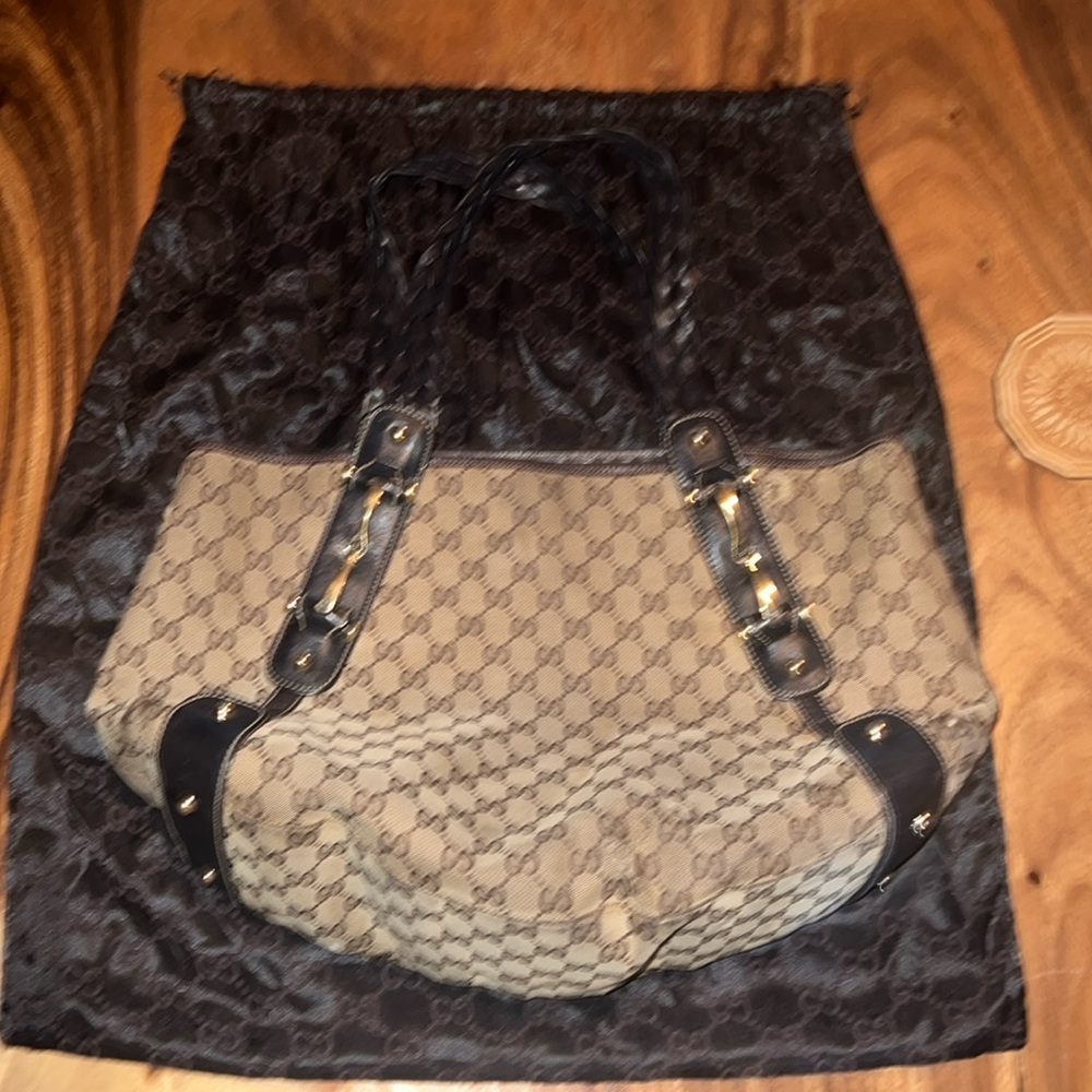 Vintage 2000s Gucci Monogram Hobo Shoulder Bag Purse Braided Brown Leather